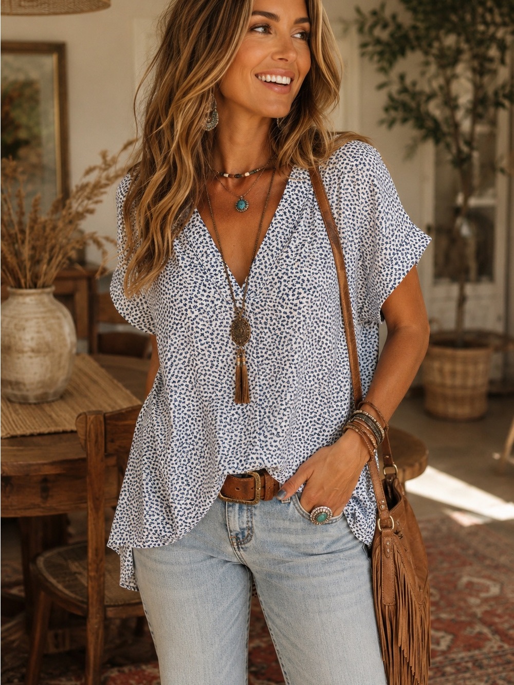 GAP Women's Blue Dotted V-Neck Short Sleeve Top